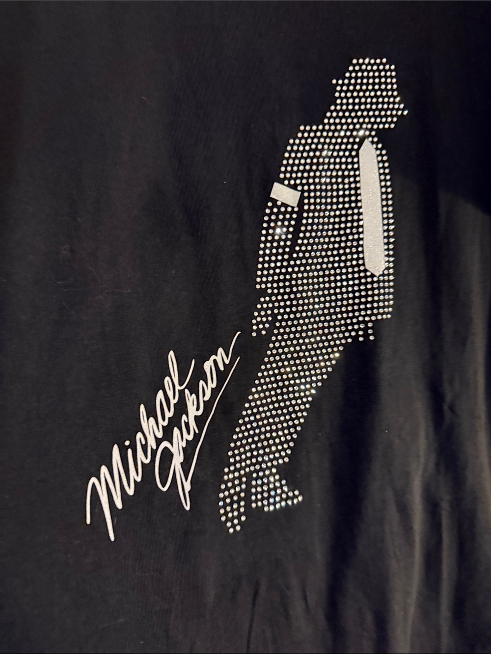 Michael Jackson Rhinestoned Hanes Black T-Shirt with White MJ Silhouette - Picture 3 of 5